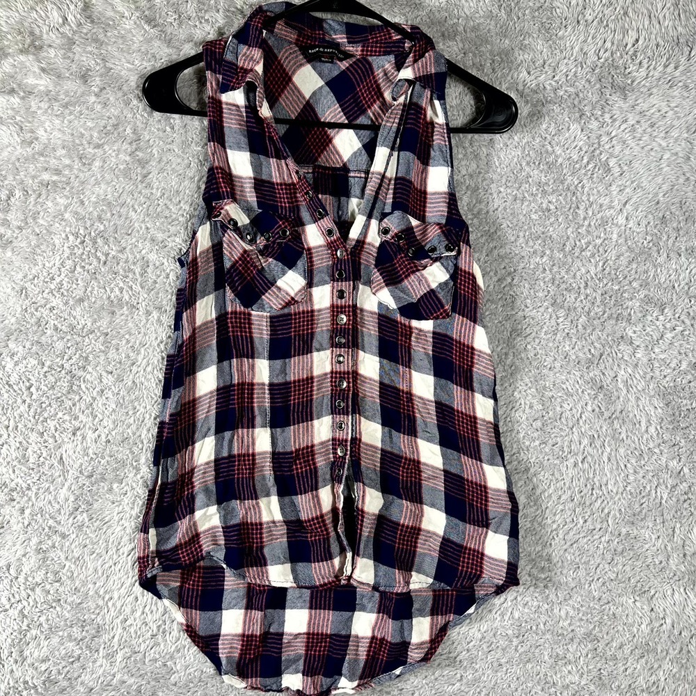 Rock & Republic Shirt Womens XS Multicolor Plaid Sleeveless Collared Button Up